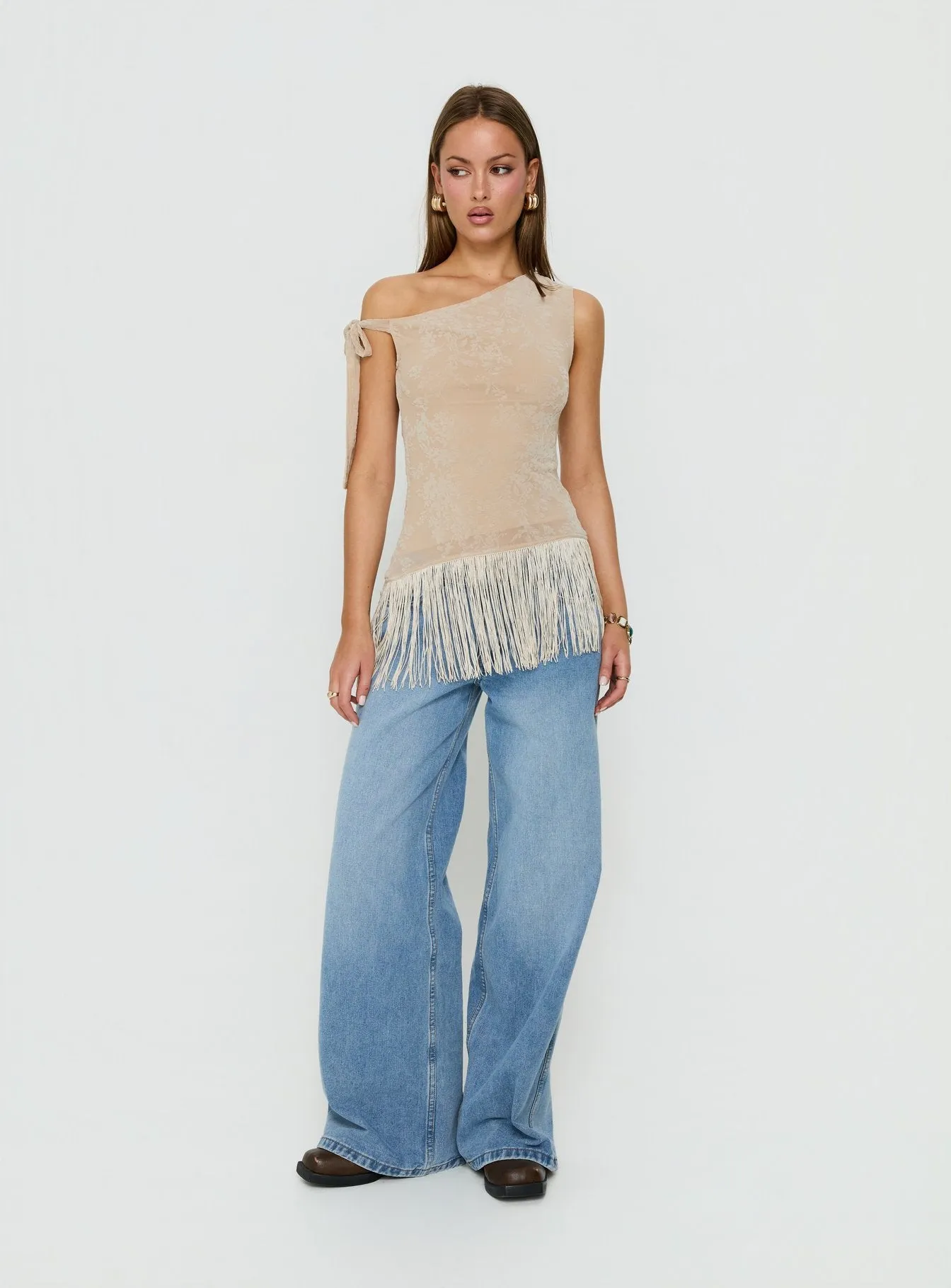 Astada One Shoulder Fringe Top Beige Floral sold by Princess Polly product image thumbnail 3