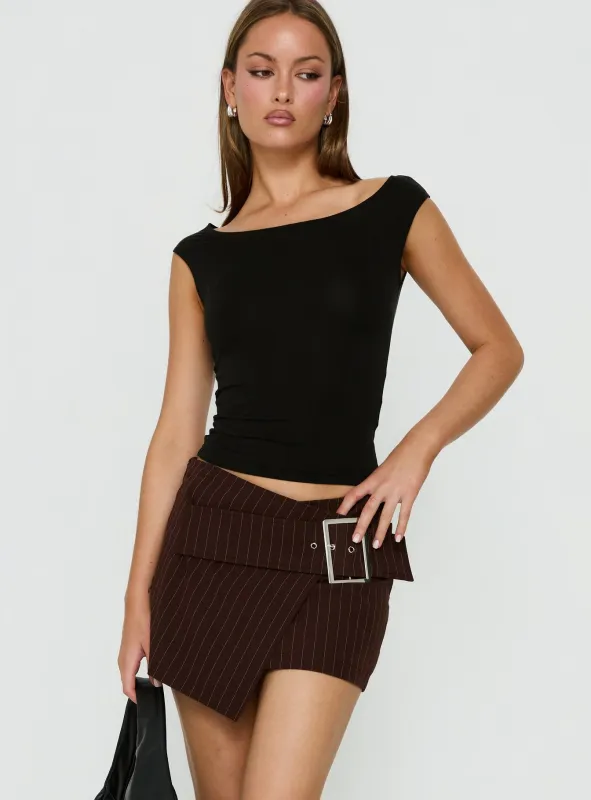 Myrienne Belted Mini Skirt Brown Pinstripe made by Princess Polly
