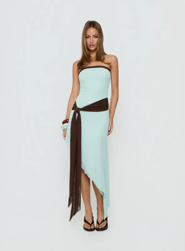 Esperina Strapless Asymmetrical Midi Dress Jelly Mint / Brown made by Princess Polly