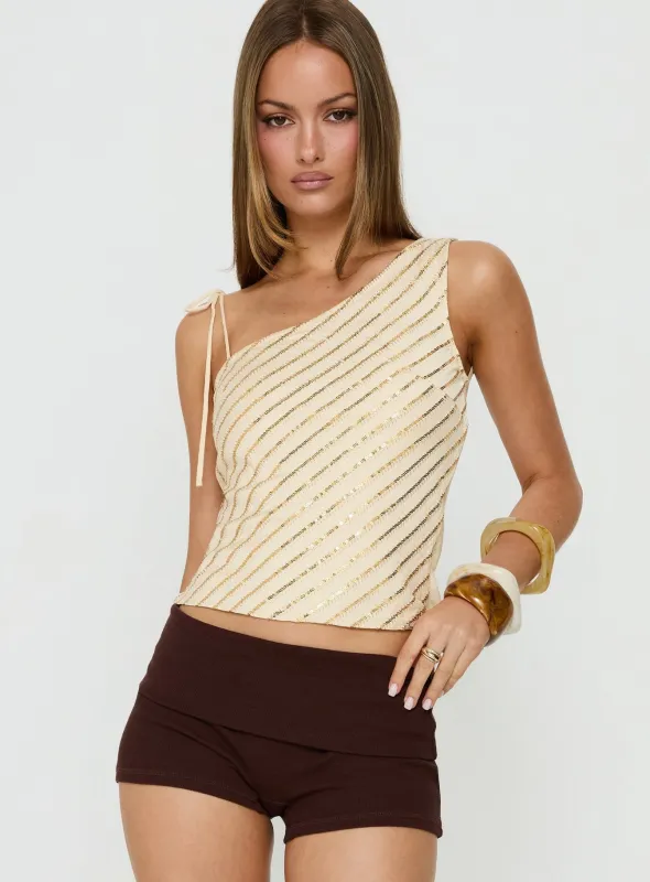 Loucetta One Shoulder Tie Detail Top Cream Stripe made by Princess Polly