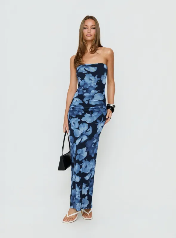 Lanora Strapless Maxi Dress Blue Floral made by Princess Polly