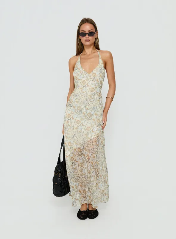 Noemi Halter Low Back Maxi Dress Cream Paisley made by Princess Polly