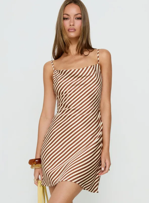 Mylla Cowl Neck Mini Dress Brown Stripe made by Princess Polly