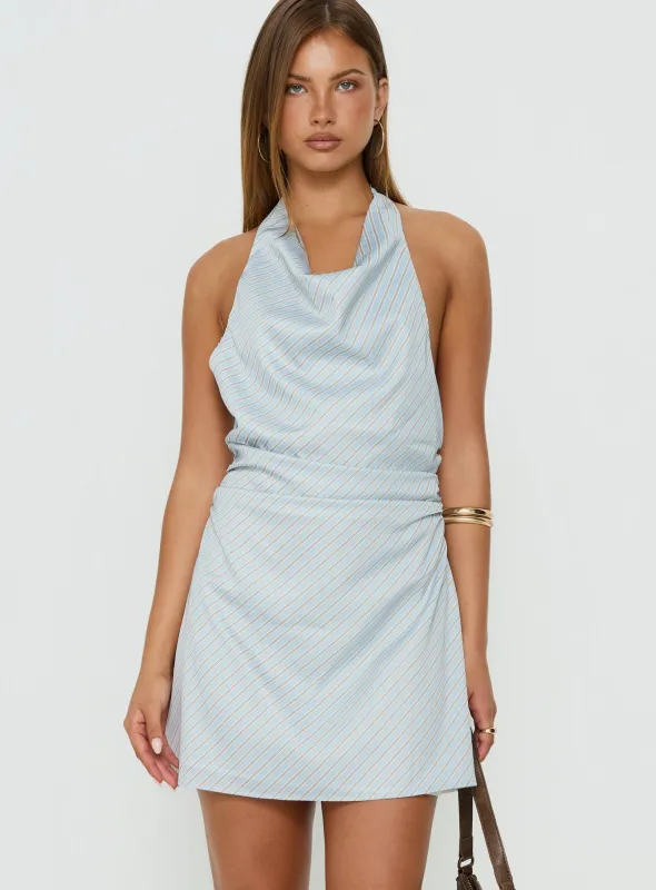 Ilise Halter Cowl Neck Mini Dress Blue Stripe made by Princess Polly