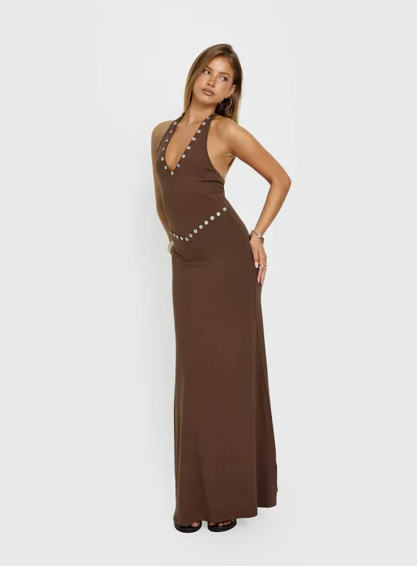 Correna Embellished Halter Maxi Dress Chocolate made by Princess Polly