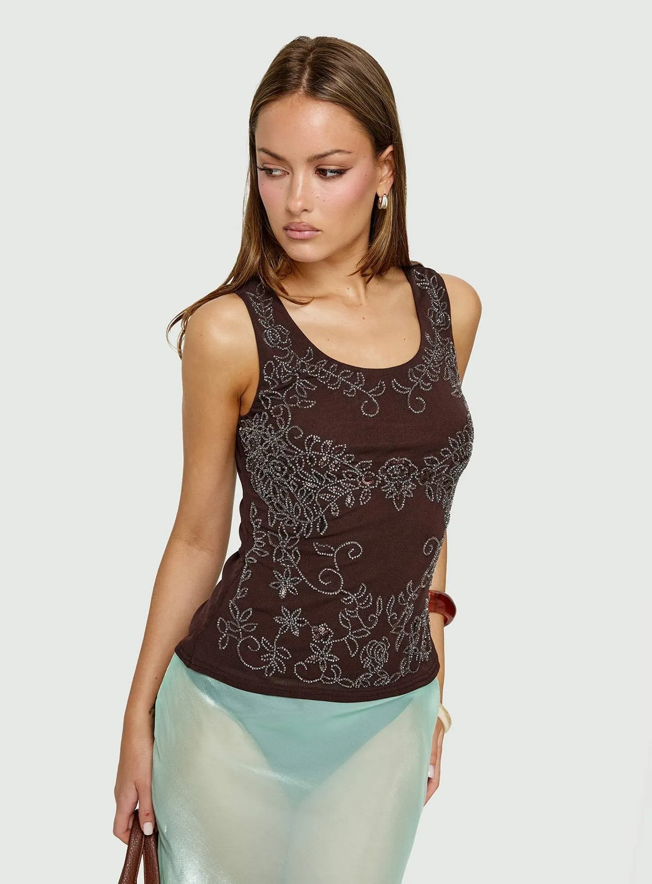 Spend The Night Embroidered Tank Top Chocolate Brown sold by Princess Polly