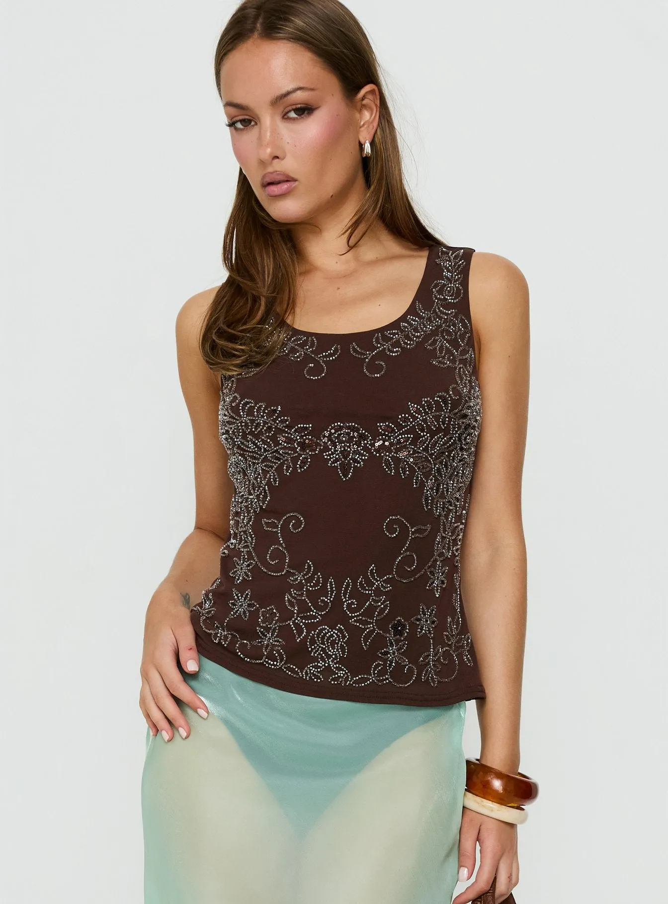 Spend The Night Embroidered Tank Top Chocolate Brown sold by Princess Polly product image thumbnail 2