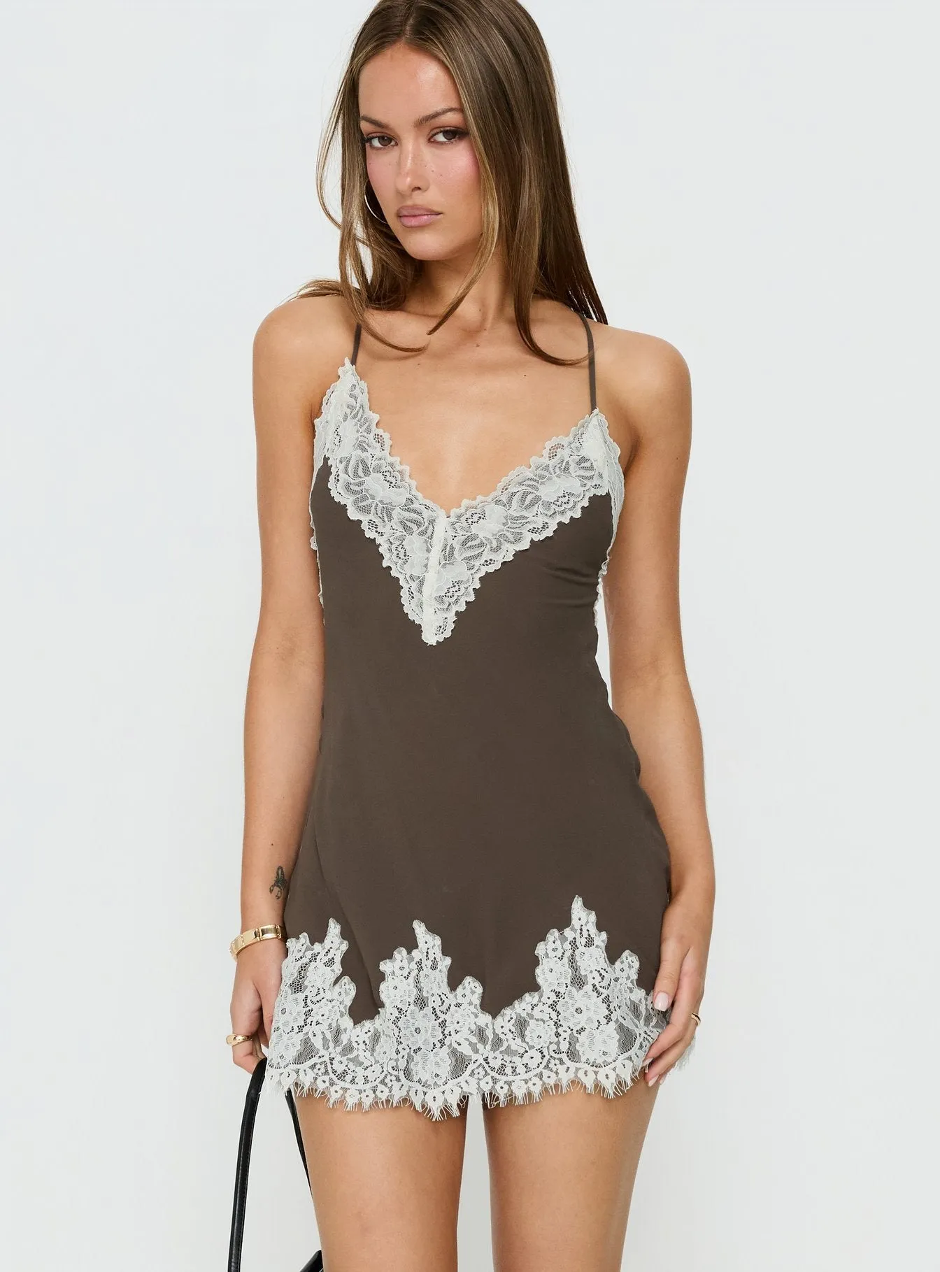 Call My Lover Lace Slip Mini Dress Brown / Cream sold by Princess Polly product image thumbnail 2