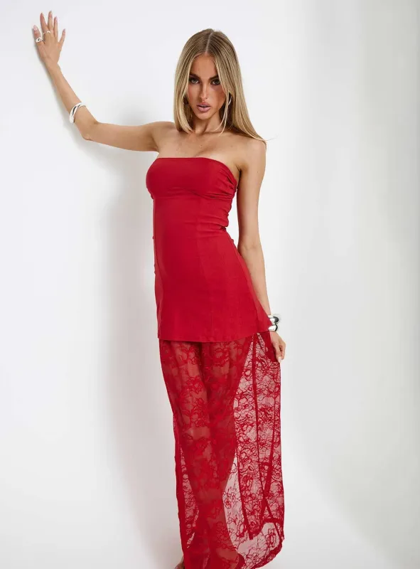 Aleda Sheer Lace Detail Strapless Maxi Dress Red made by Princess Polly