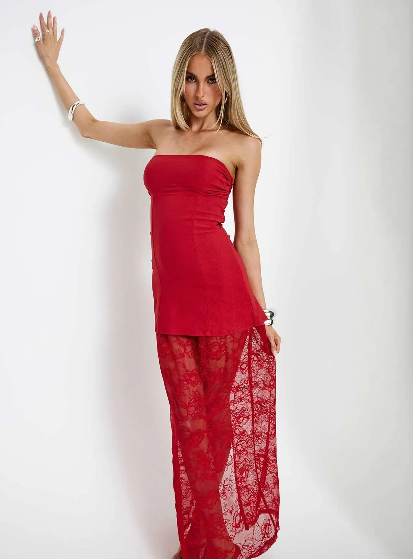 Aleda Sheer Lace Detail Strapless Maxi Dress Red sold by Princess Polly