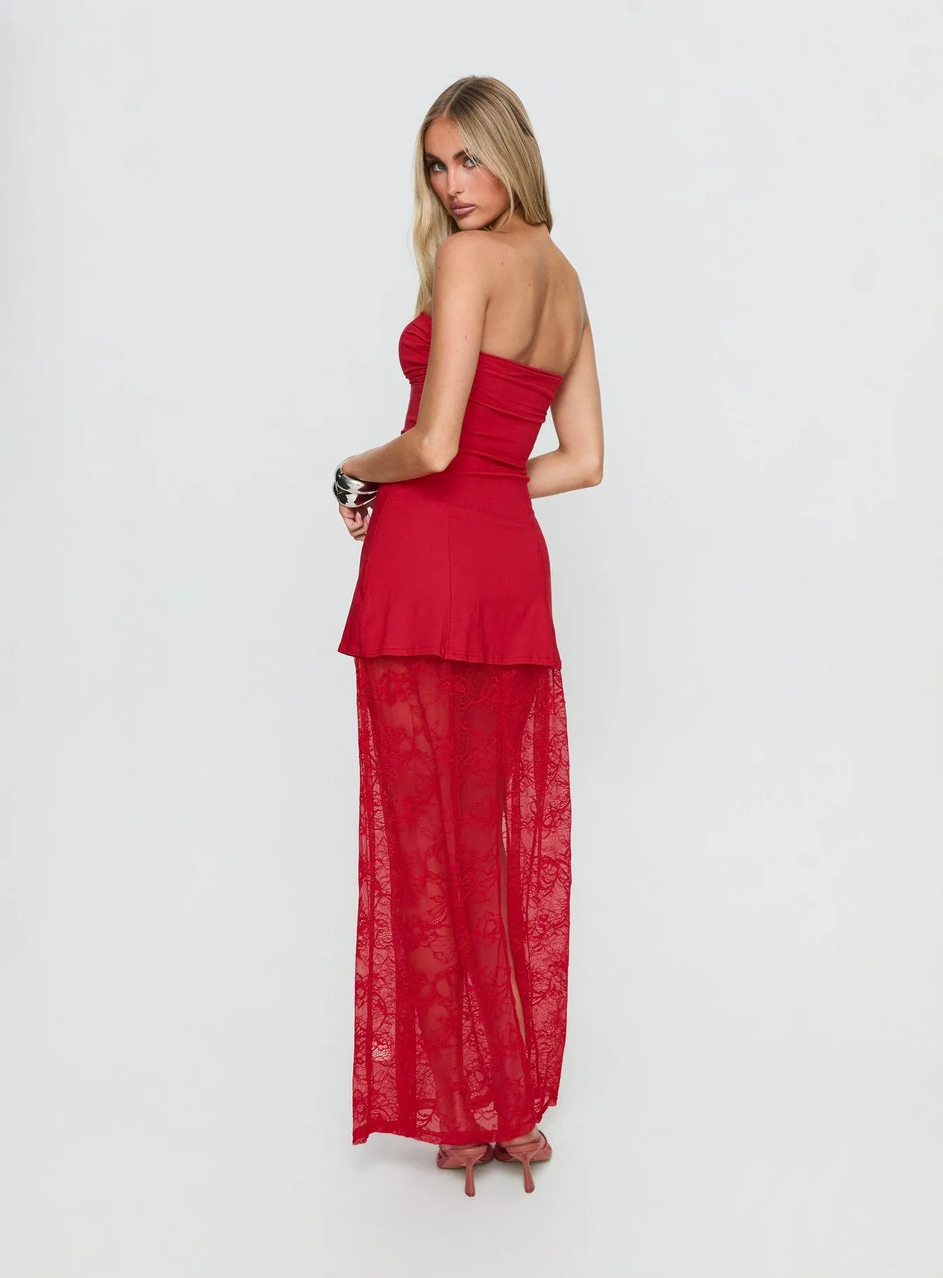 Aleda Sheer Lace Detail Strapless Maxi Dress Red sold by Princess Polly product image thumbnail 5
