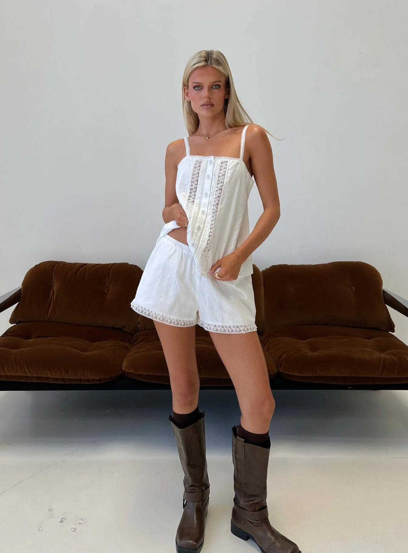 Safire Lace Trim Mini Shorts Off White sold by Princess Polly