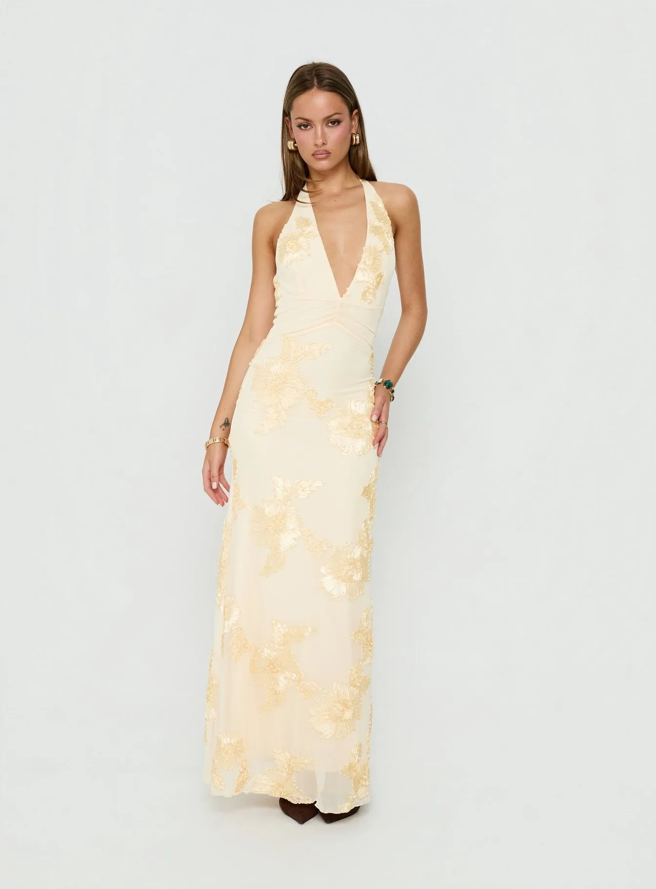 Rousseau Halter Maxi Dress Yellow sold by Princess Polly