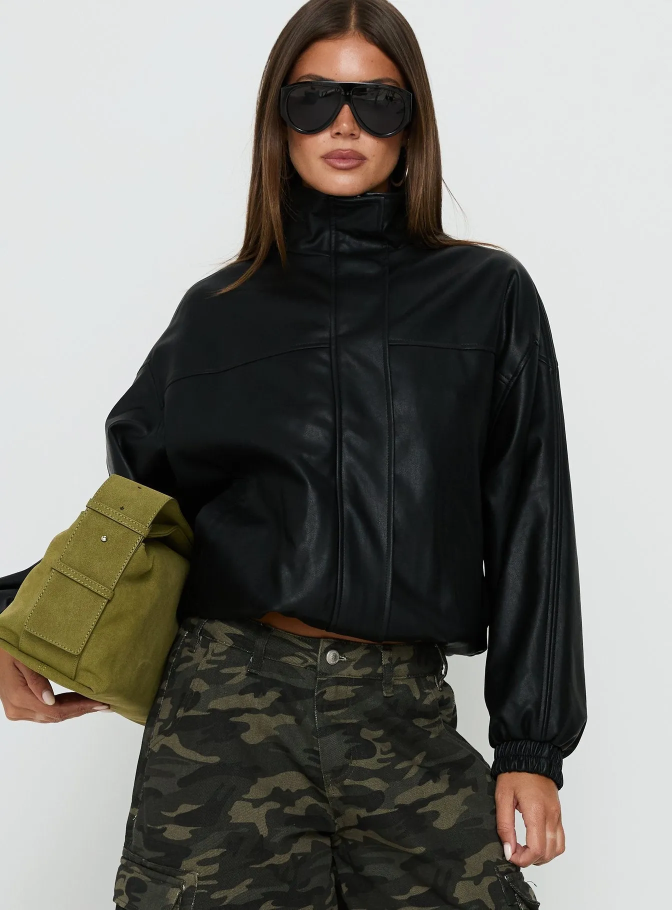 Dialtone Funnel Neck Faux Leather Jacket Black sold by Princess Polly product image thumbnail 2