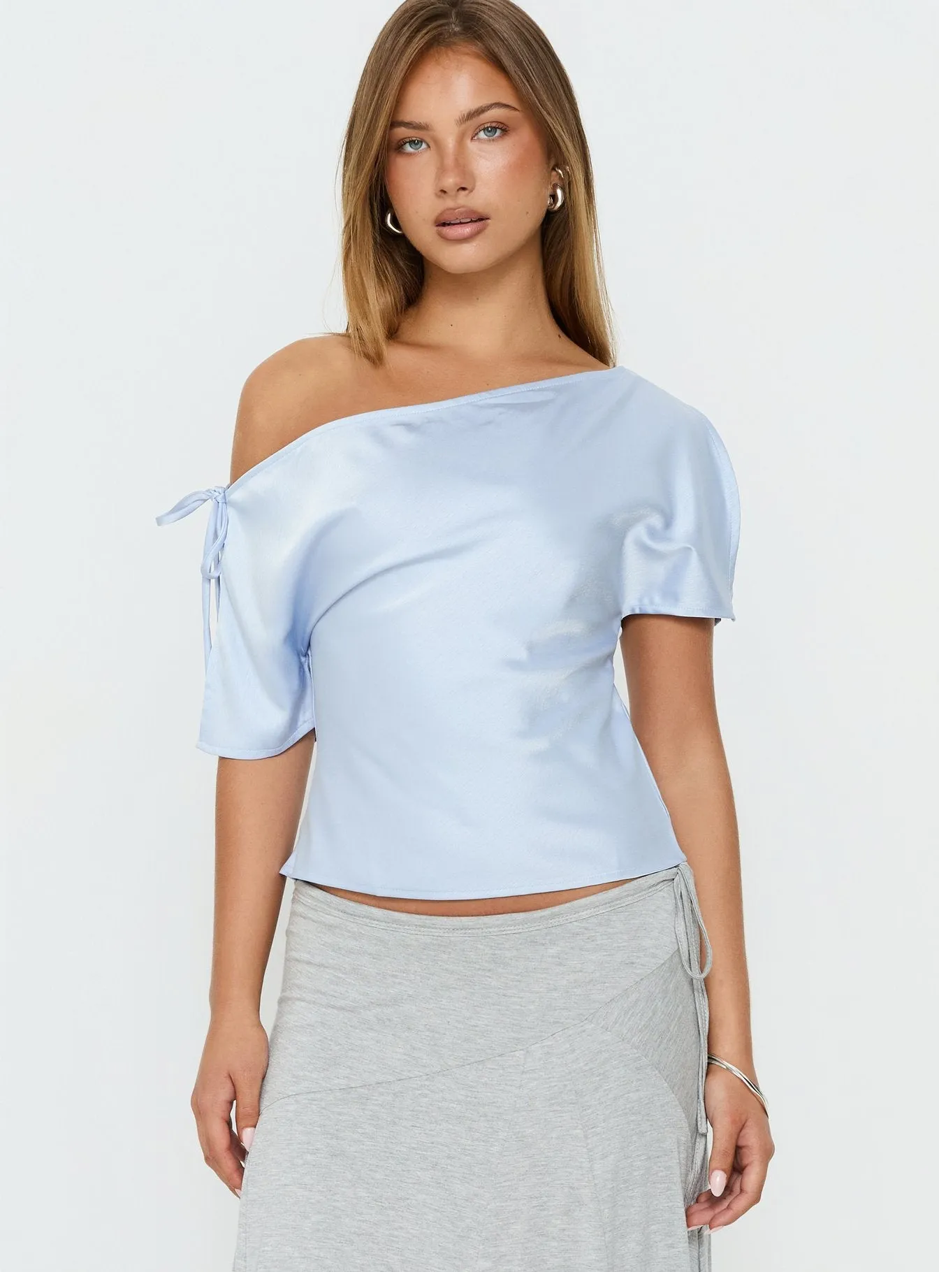 Faisa Off Shoulder Satin Top Powder Blue sold by Princess Polly product image thumbnail 2