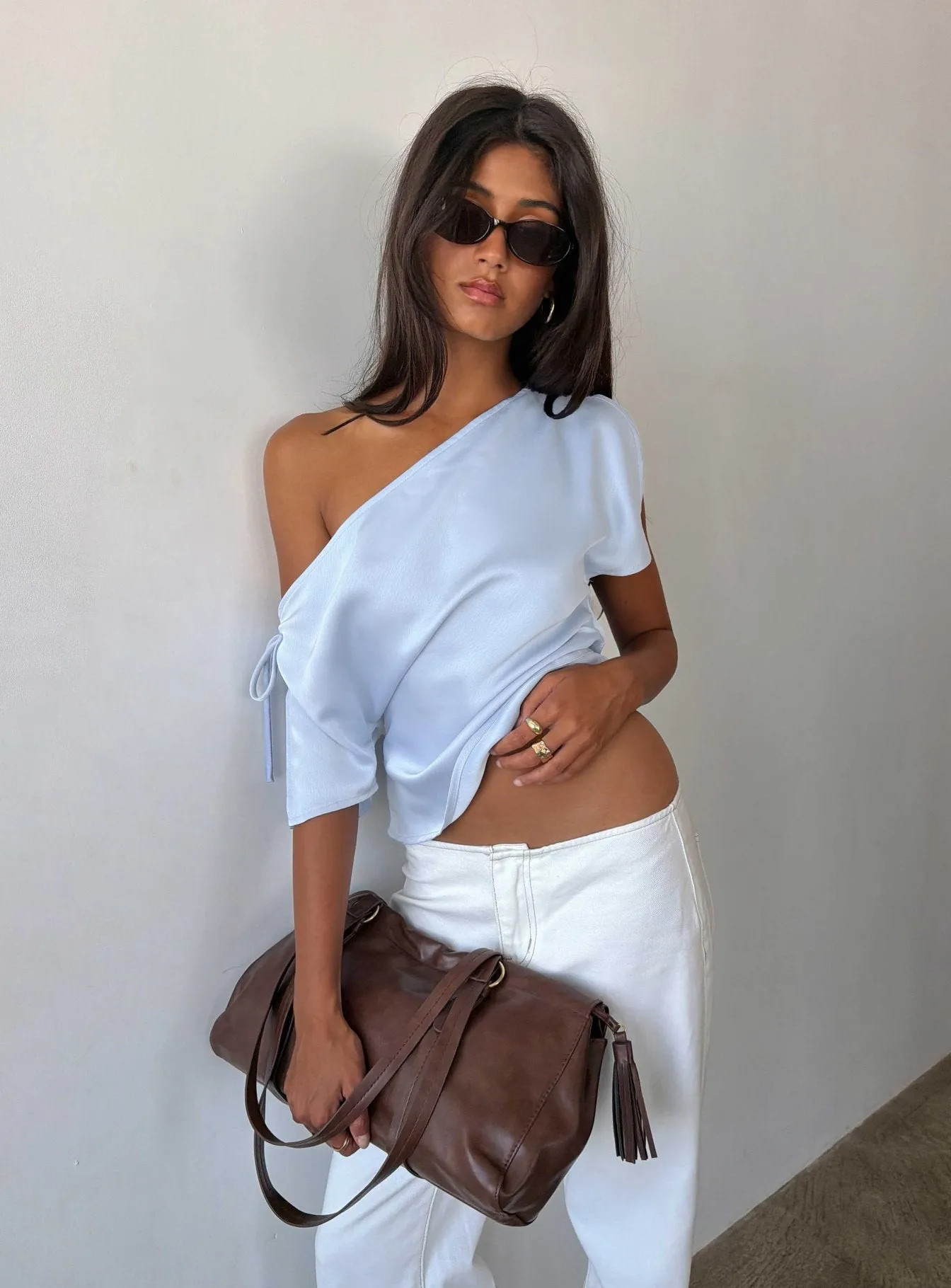 Faisa Off Shoulder Satin Top Powder Blue sold by Princess Polly