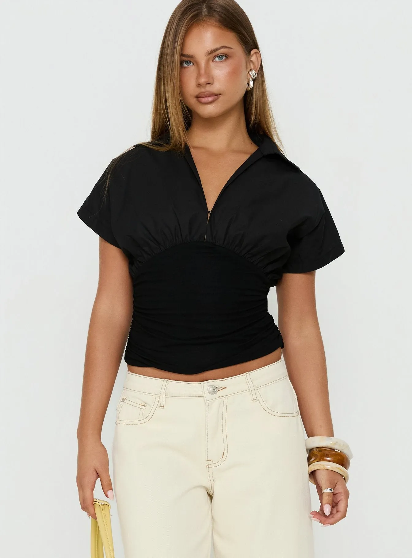 Chalia Ruched Collared Top Black sold by Princess Polly product image thumbnail 2