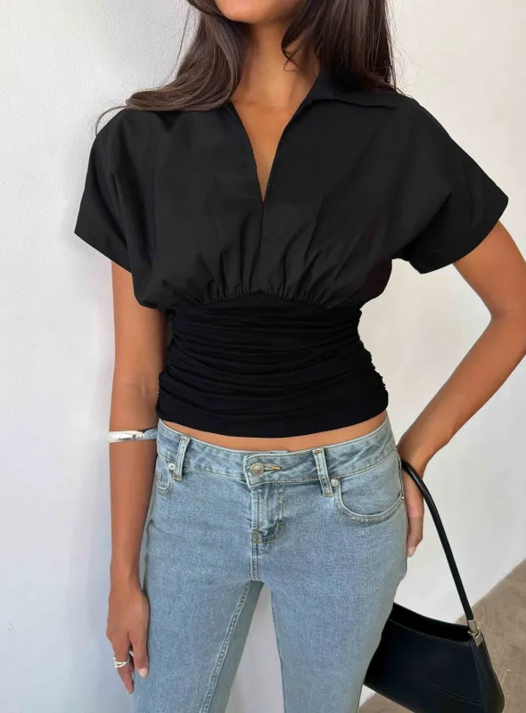 Chalia Ruched Collared Top Black made by Princess Polly