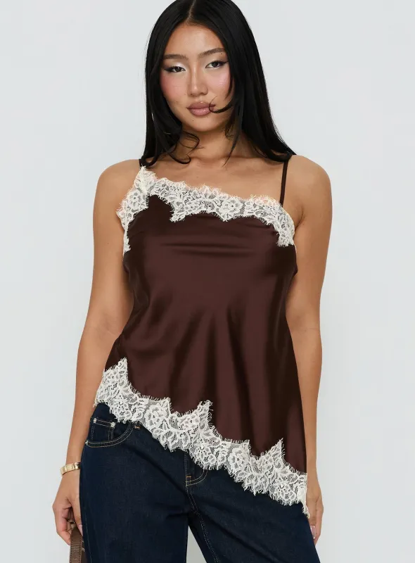 Winta Lace Trim Asymmetrical Satin Top Chocolate made by Princess Polly