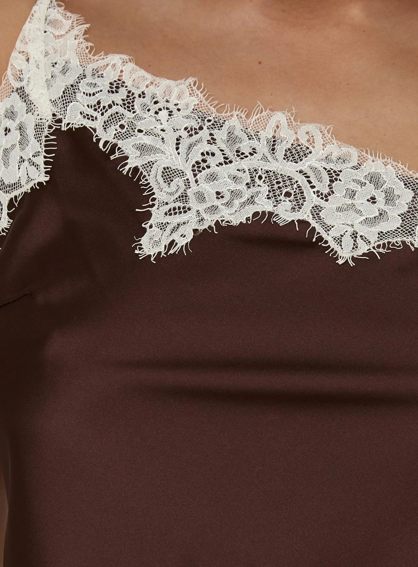 Winta Lace Trim Asymmetrical Satin Top Chocolate sold by Princess Polly product image thumbnail 5
