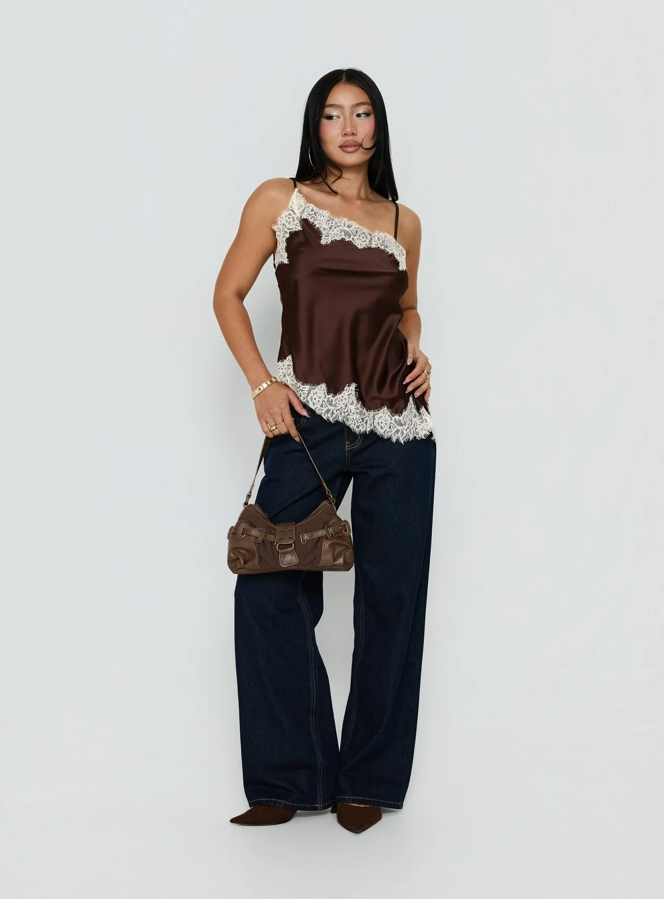 Winta Lace Trim Asymmetrical Satin Top Chocolate sold by Princess Polly product image thumbnail 2