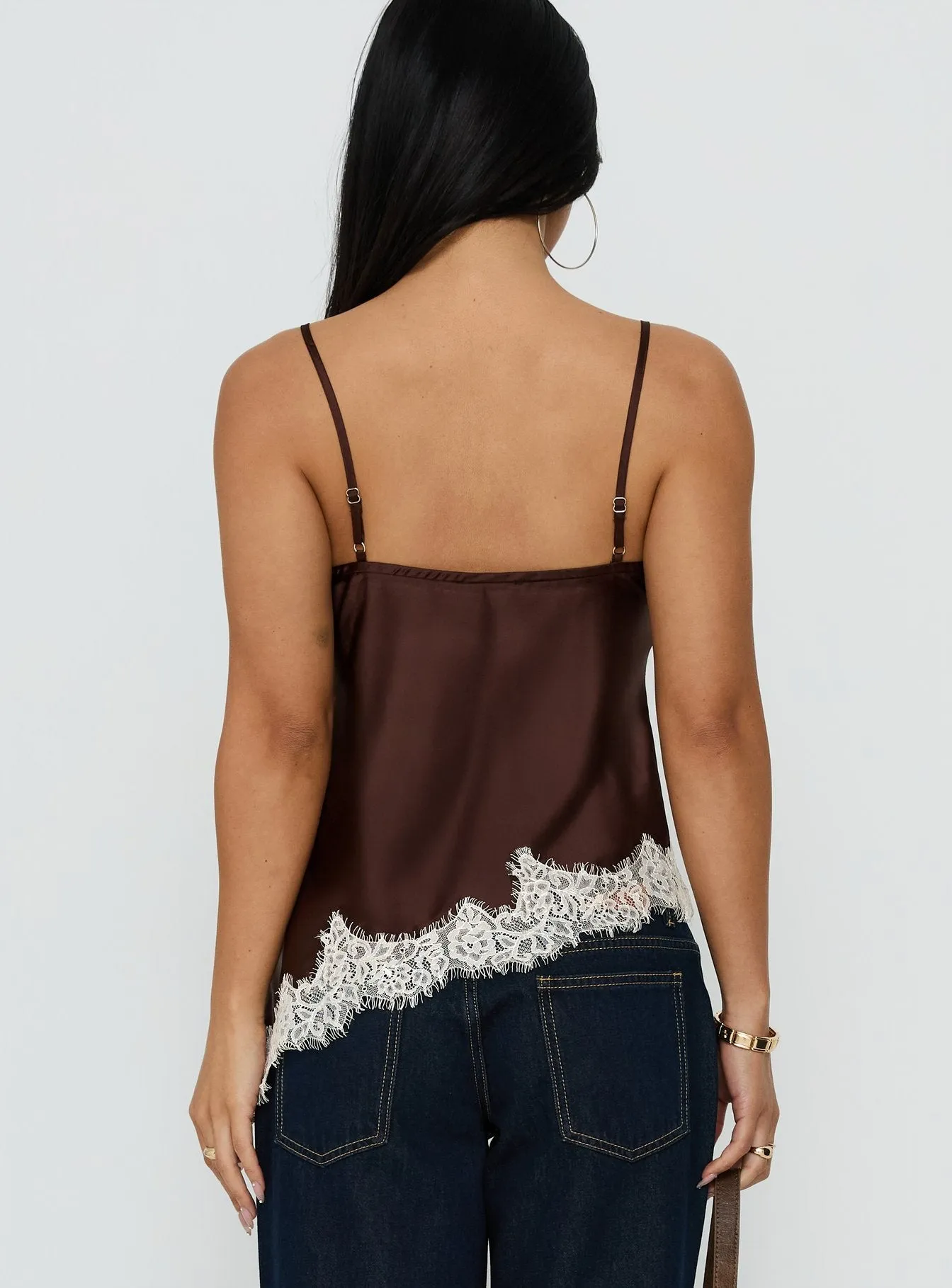Winta Lace Trim Asymmetrical Satin Top Chocolate sold by Princess Polly product image thumbnail 4