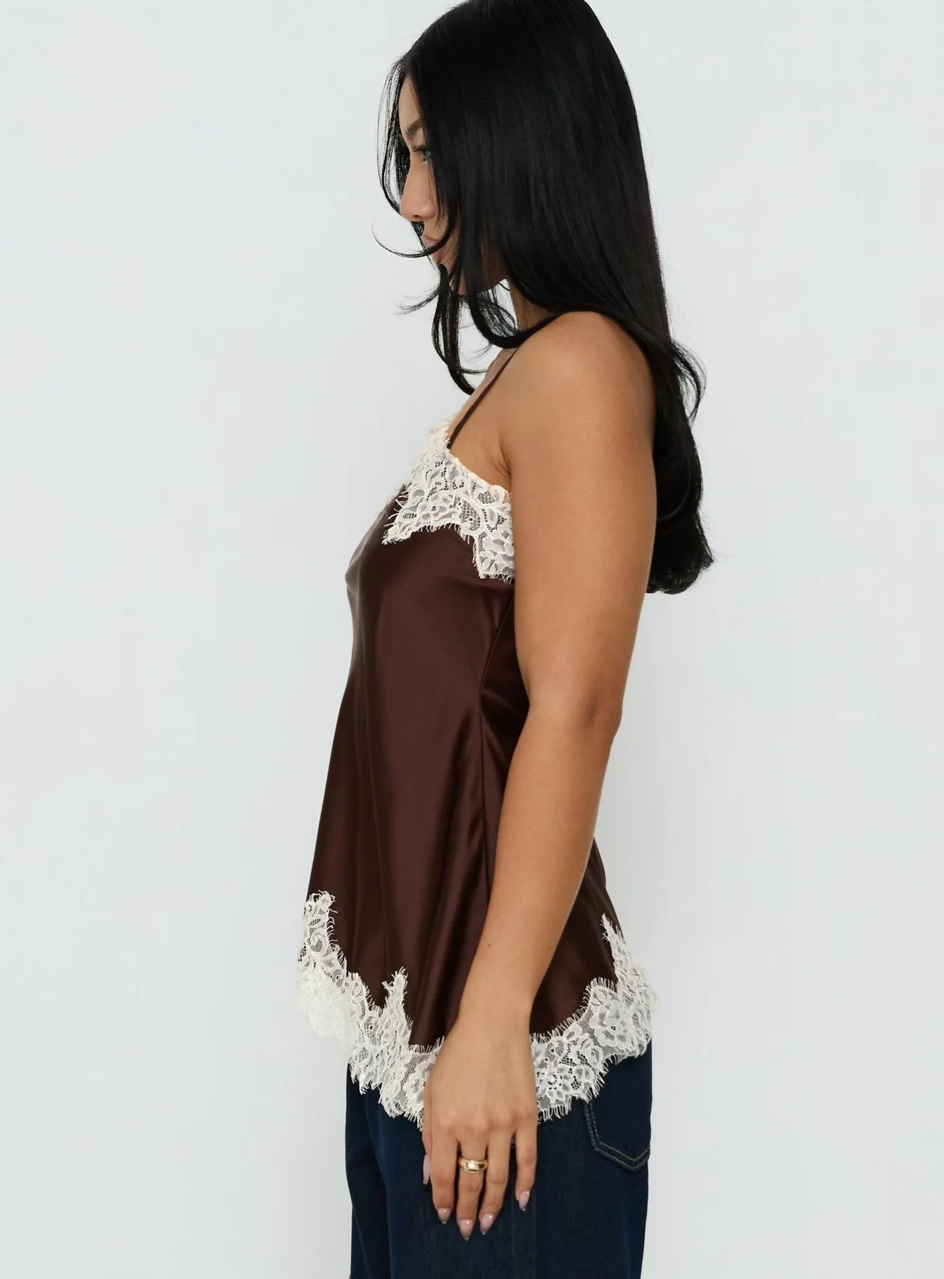 Winta Lace Trim Asymmetrical Satin Top Chocolate sold by Princess Polly product image thumbnail 3
