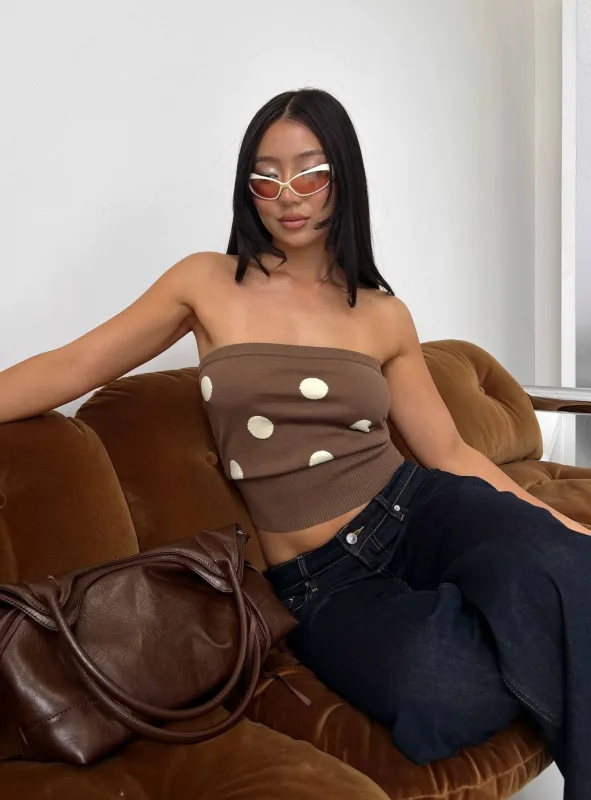 Tahlie Cinched Strapless Knit Top Brown Polka Dot made by Princess Polly