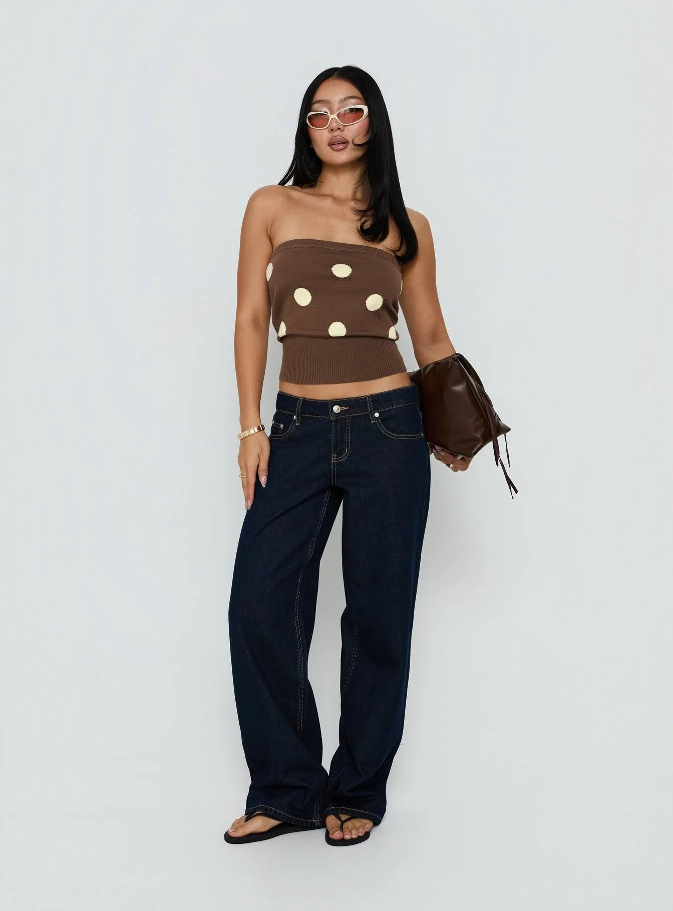 Tahlie Cinched Strapless Knit Top Brown Polka Dot sold by Princess Polly product image thumbnail 3