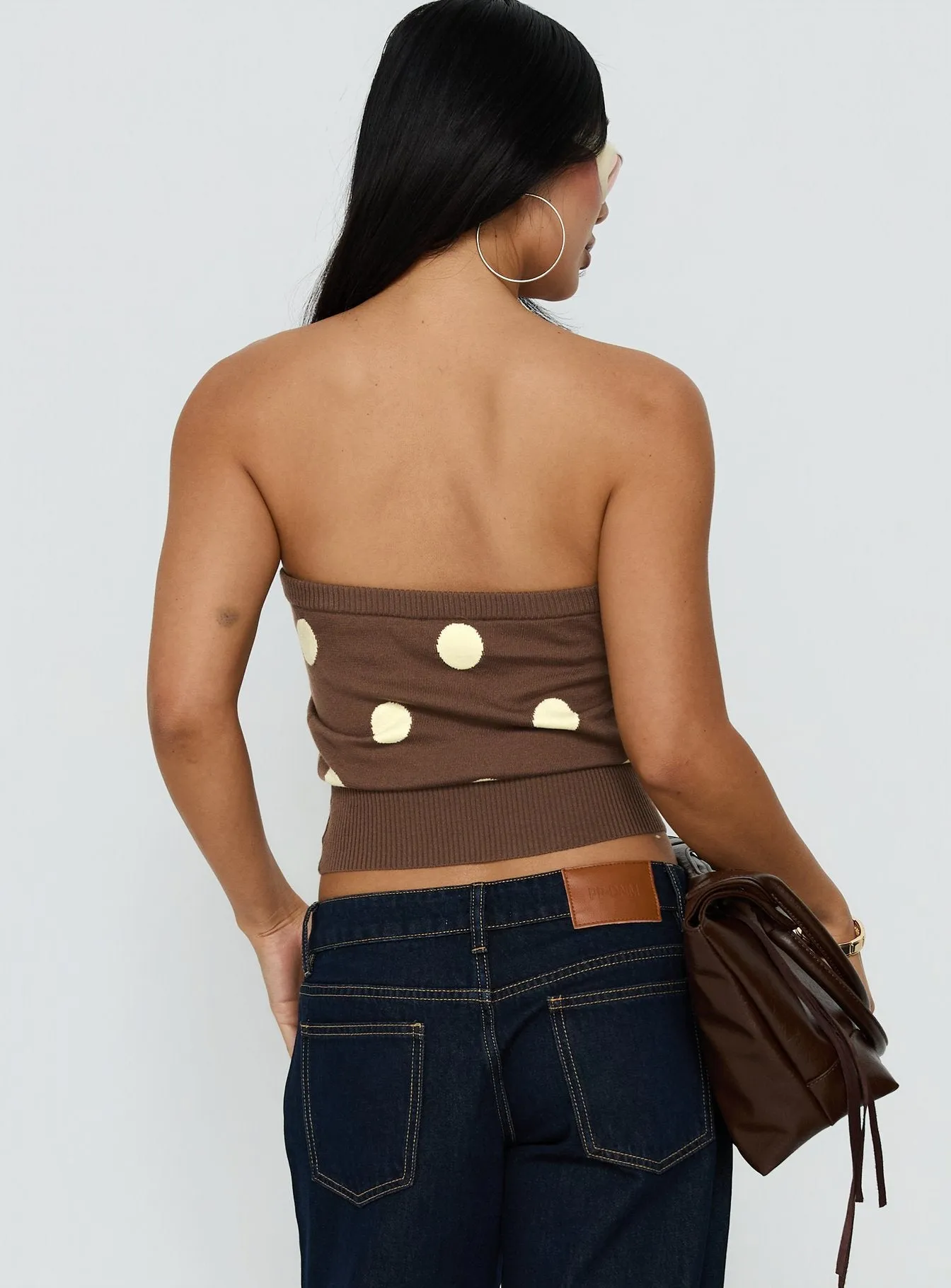 Tahlie Cinched Strapless Knit Top Brown Polka Dot sold by Princess Polly product image thumbnail 5