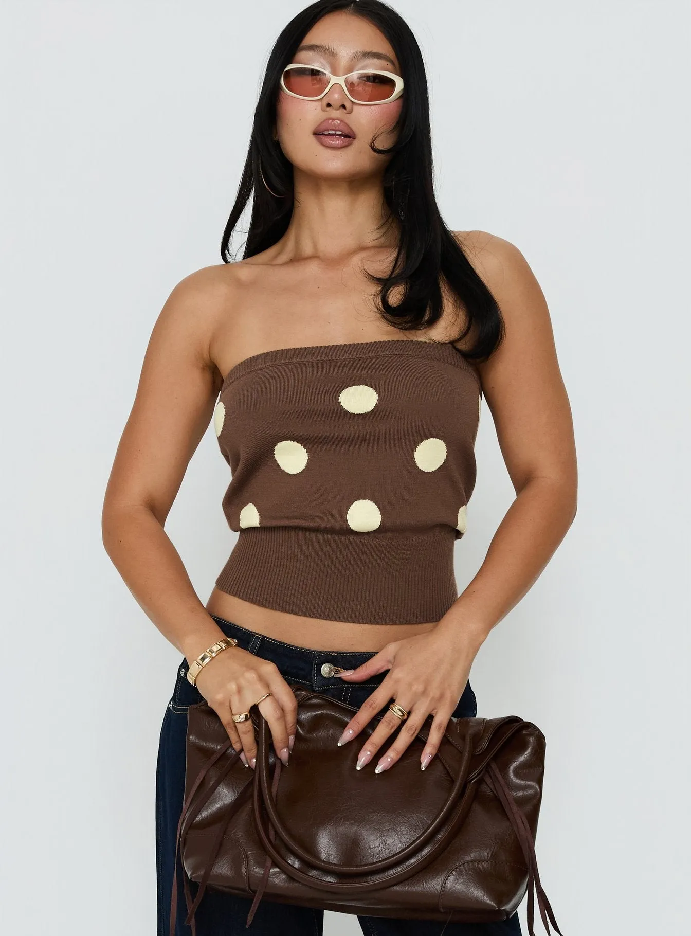 Tahlie Cinched Strapless Knit Top Brown Polka Dot sold by Princess Polly product image thumbnail 2