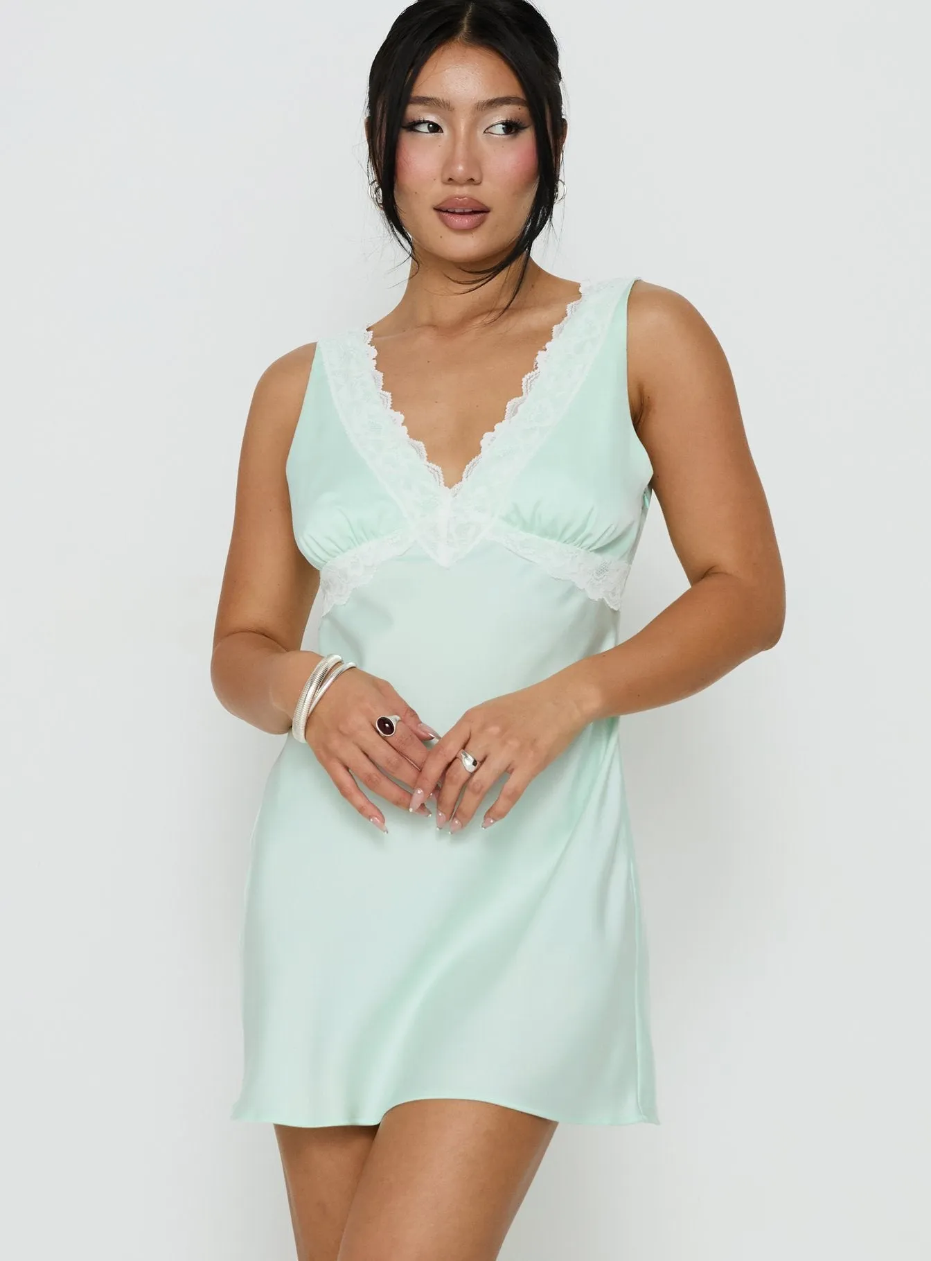 Laurelia Lace V Neck Mini Dress Jelly Mint sold by Princess Polly