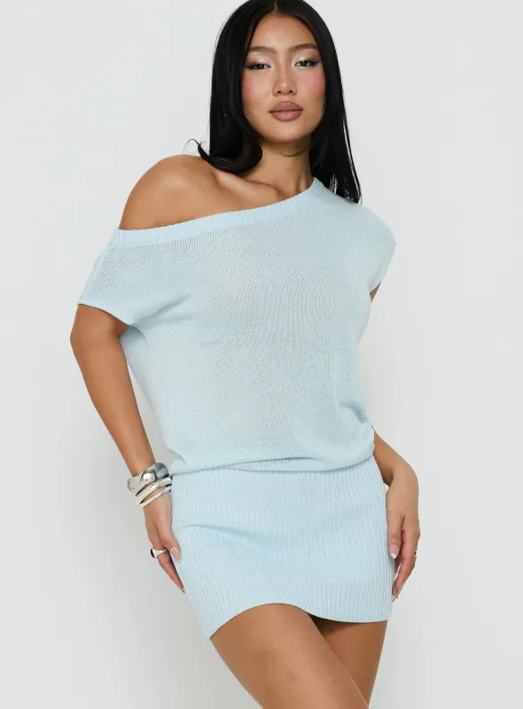 Idilia Off Shoulder Knit Mini Dress Blue made by Princess Polly