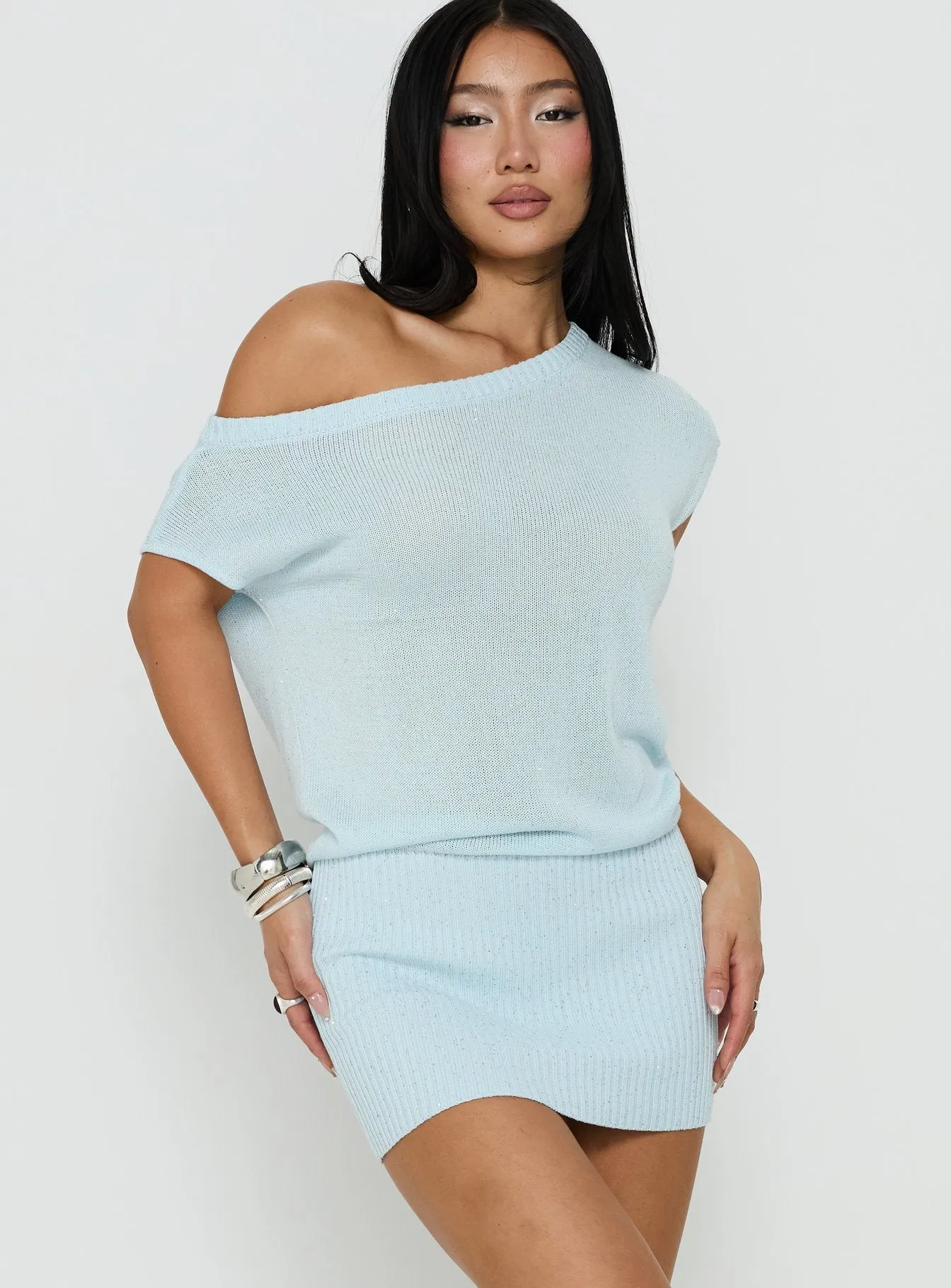 Idilia Off Shoulder Knit Mini Dress Blue sold by Princess Polly