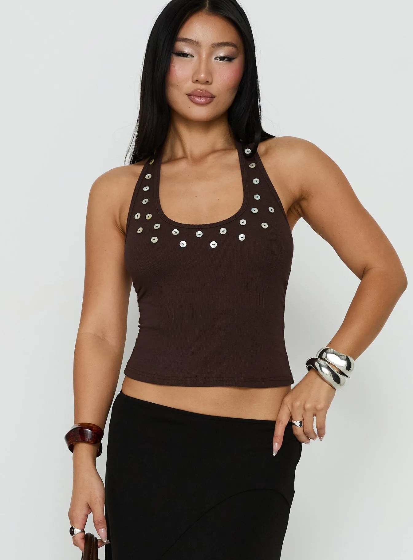Renara Halter Ribbed Button Top Brown sold by Princess Polly product image thumbnail 2