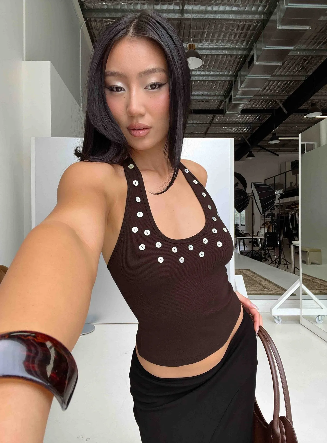 Renara Halter Ribbed Button Top Brown sold by Princess Polly