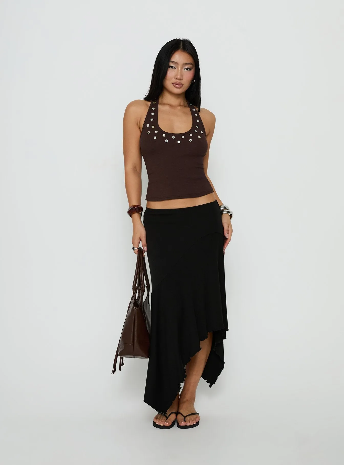 Renara Halter Ribbed Button Top Brown sold by Princess Polly product image thumbnail 3