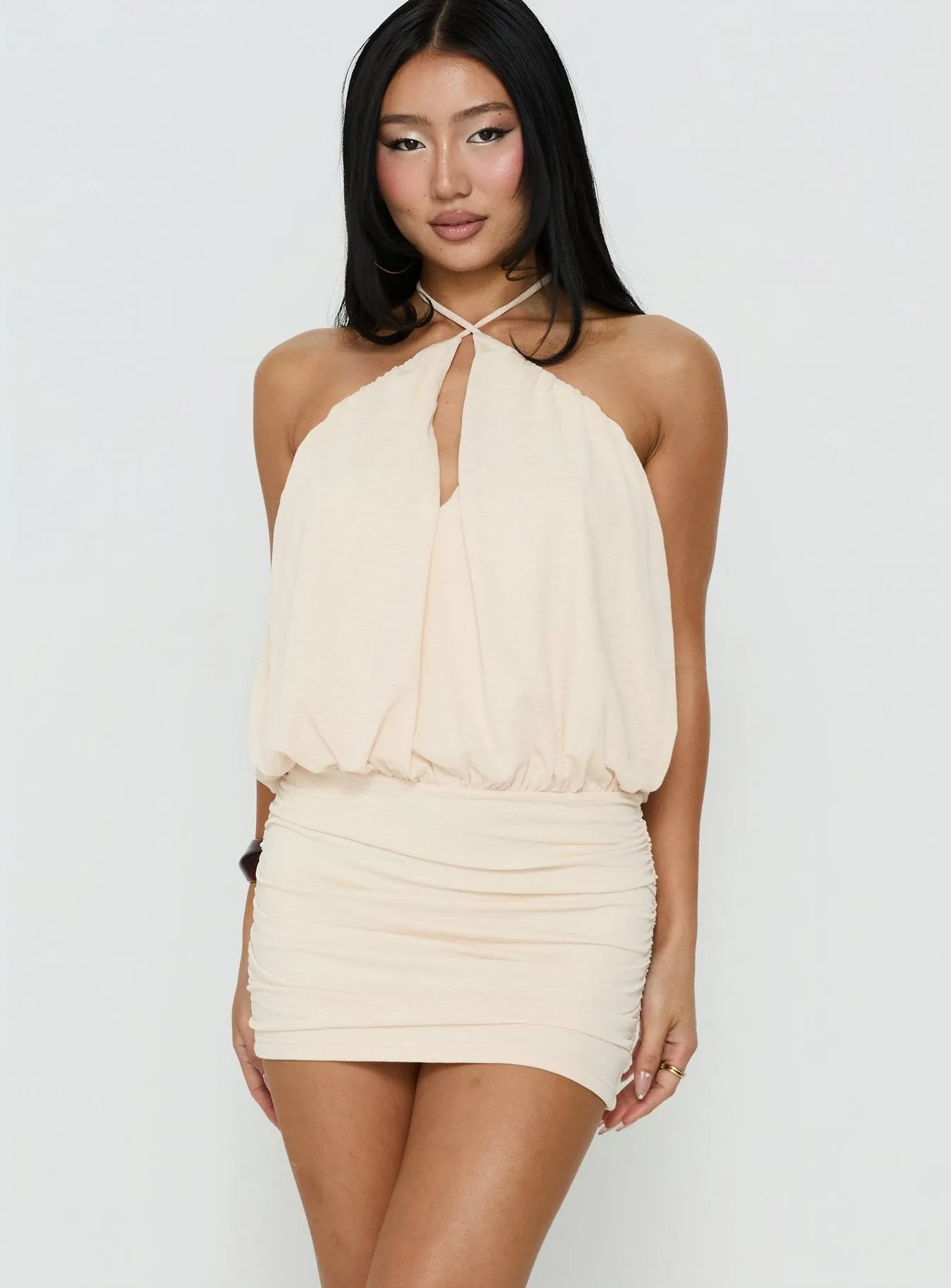 Evelia Keyhole Halter Mini Dress Butter Yellow sold by Princess Polly