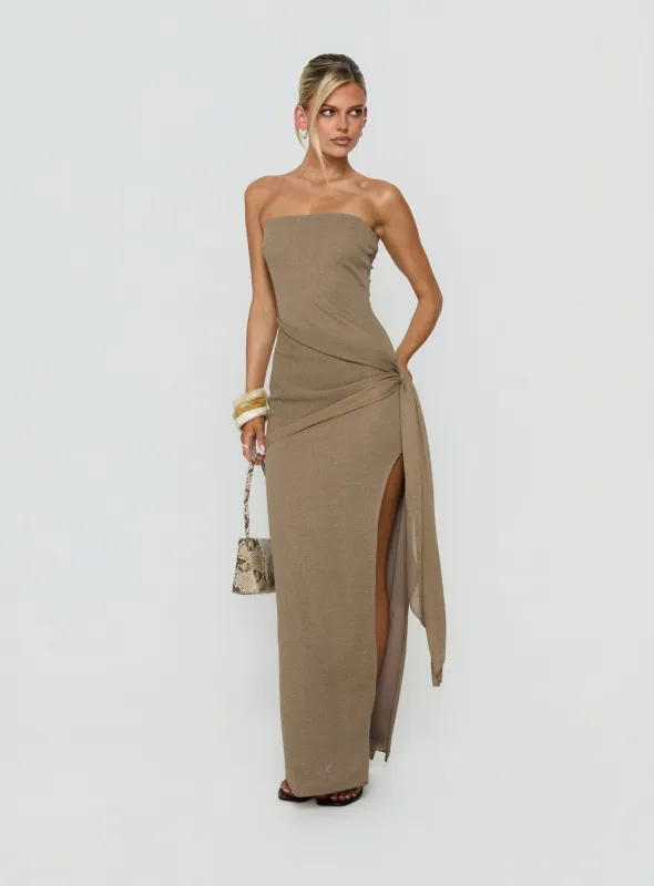 Analeah Strapless Maxi Dress Brown made by Princess Polly