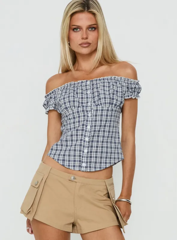 Bravely Off Shoulder Button Up Top Blue Check made by Princess Polly