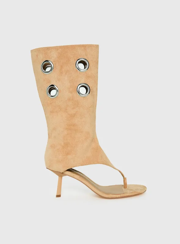 Situationship Eyelet Open Toe Heels Tan made by Princess Polly