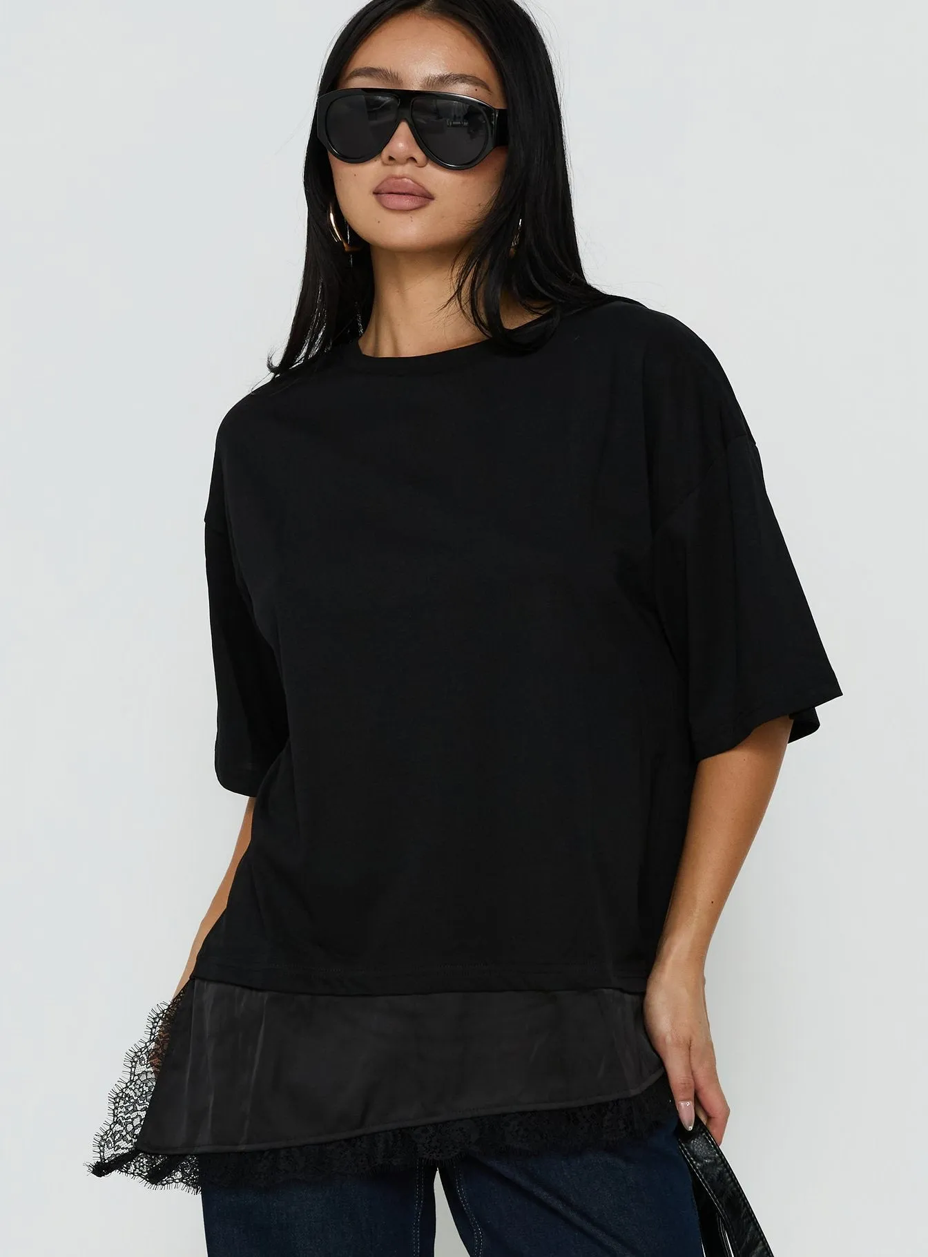 Dalarie Layered Lace Oversized Tee Black sold by Princess Polly
