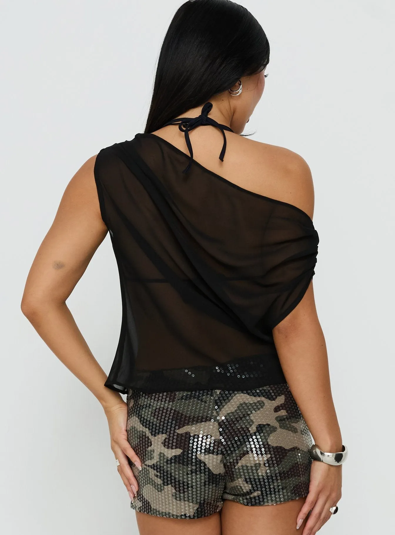 Orya Sheer Drape Off Shoulder Top Black sold by Princess Polly product image thumbnail 5