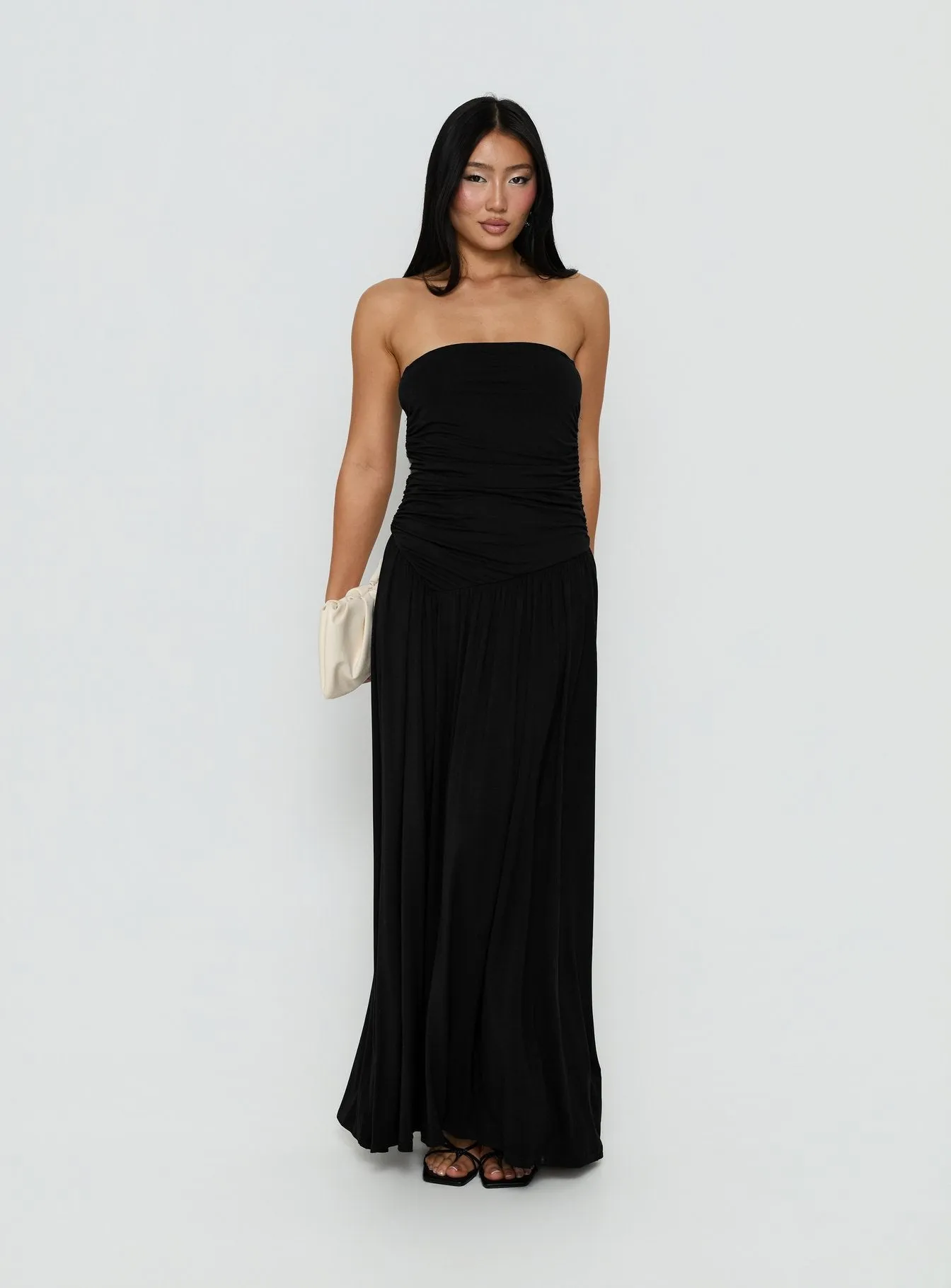 Adalisa Strapless Ruched Maxi Dress Black sold by Princess Polly