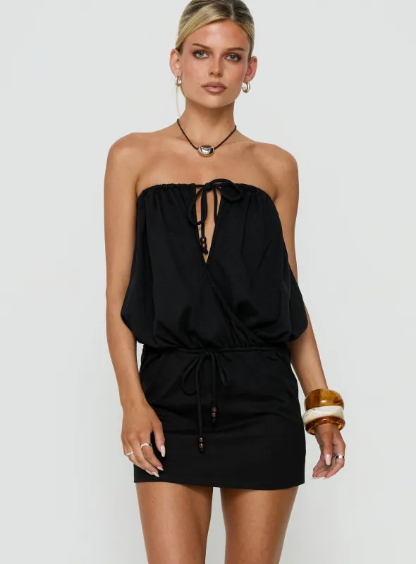 Upper Echelon Draped Strapless Mini Dress Black made by Princess Polly