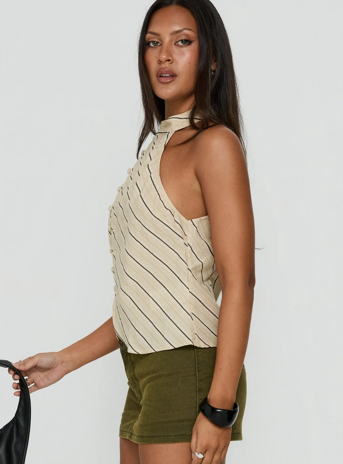 Iggya Button Detail High Neck Top Beige Stripe sold by Princess Polly product image thumbnail 4