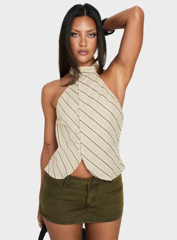 Iggya Button Detail High Neck Top Beige Stripe made by Princess Polly