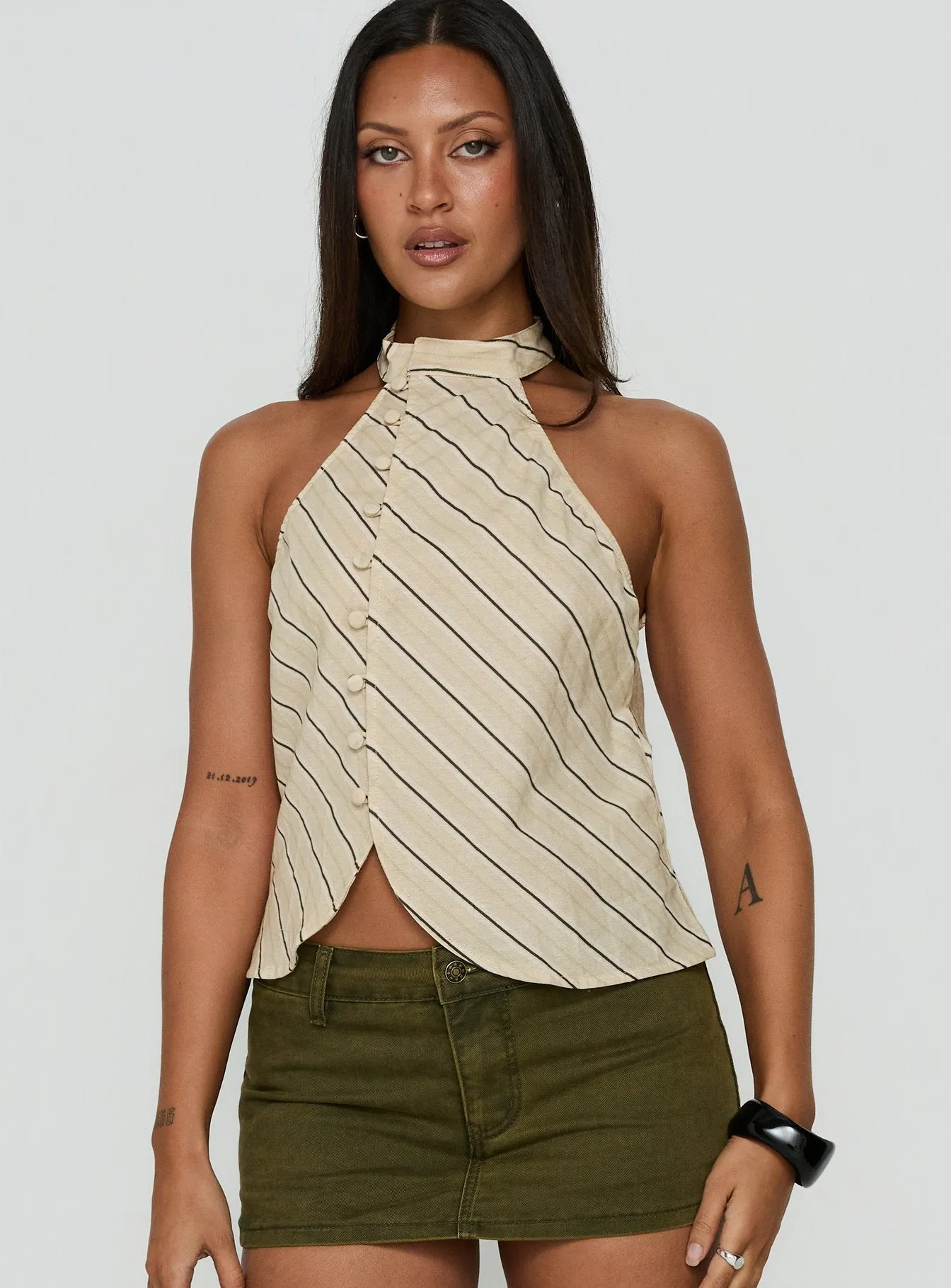 Iggya Button Detail High Neck Top Beige Stripe sold by Princess Polly product image thumbnail 2