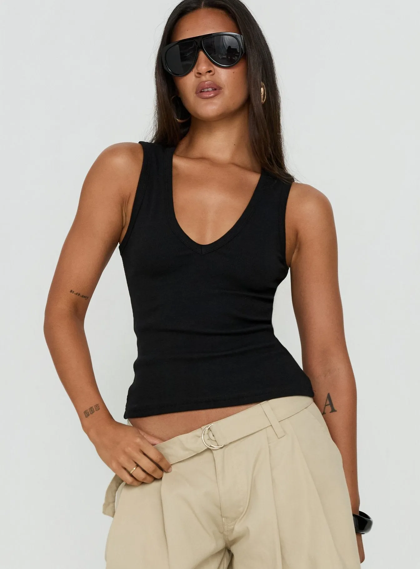 Baseline V Neck Rib Tank Top Black sold by Princess Polly
