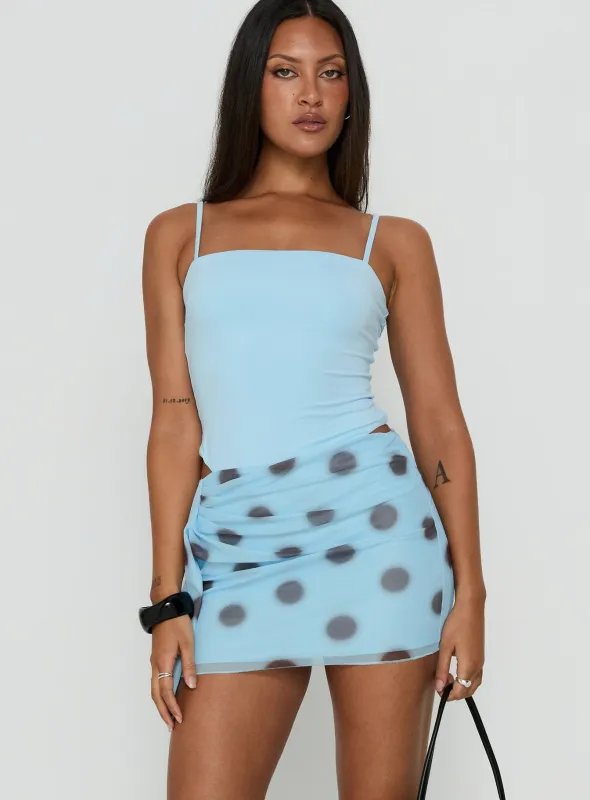 Cosmina Sarong Mini Dress Blurred Blue Polka Dot made by Princess Polly